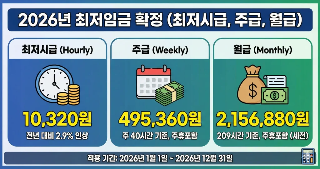 2026년 최저시급 10,320원 확정! 내 월급과 주급은 얼마일까? (주휴수당 포함 계산)