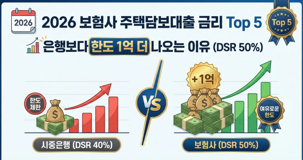 2026 보험사 주택담보대출 금리 Top 5: 은행보다 한도 1억 더 나오는 이유 (DSR 50%)