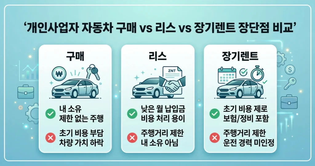 개인사업자 자동차 구매 vs 리스 vs 장기렌트 장단점 비교