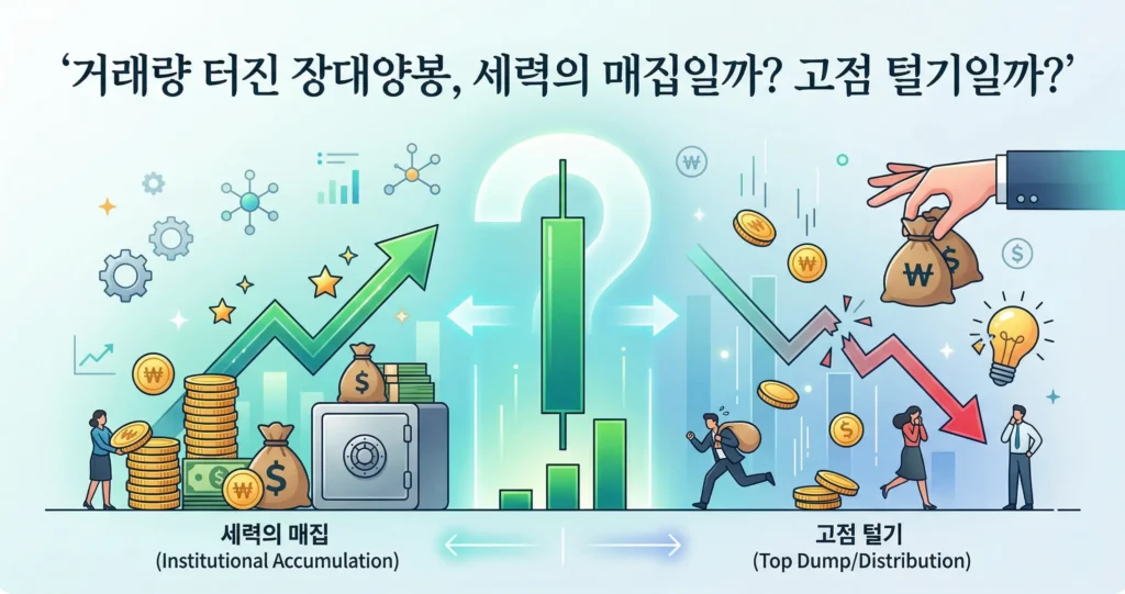거래량 터진 장대양봉 차트, 세력의 매집일까? 고점 털기일까?
