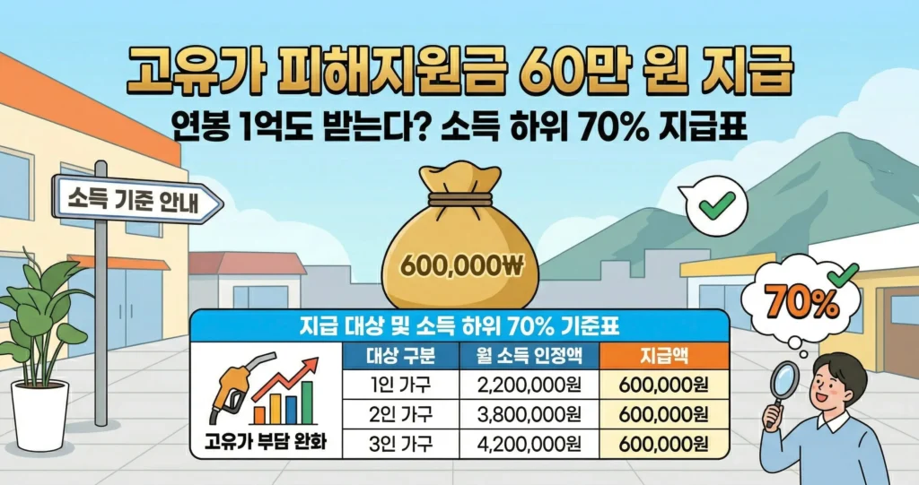 고유가 피해지원금 연봉 1억도 받는다? 소득 하위 70% 기준 및 60만 원 지급표