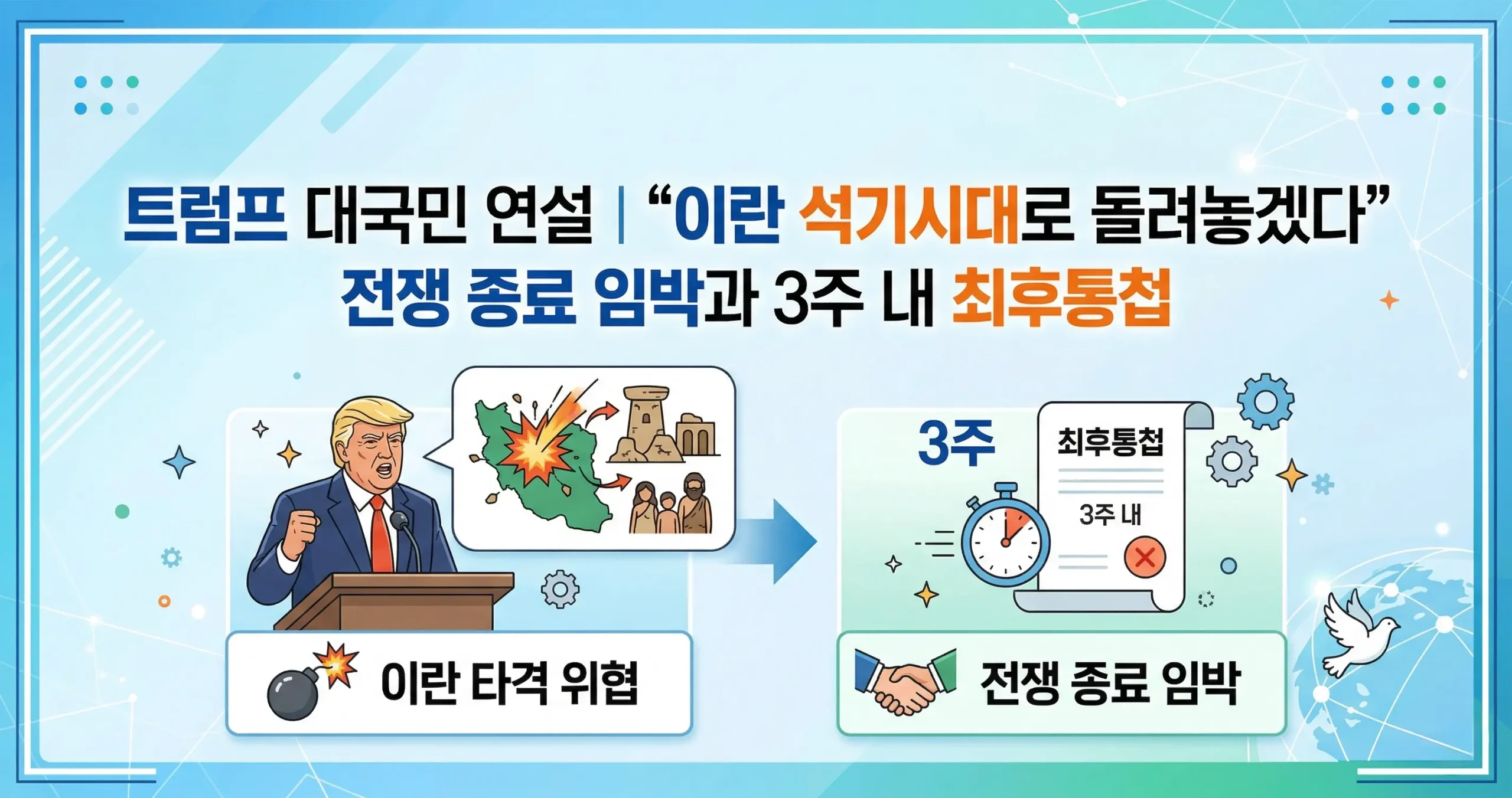 트럼프 대국민 연설 "이란 석기시대로 돌려놓겠다" 전쟁 종료 임박과 3주 내 최후통첩