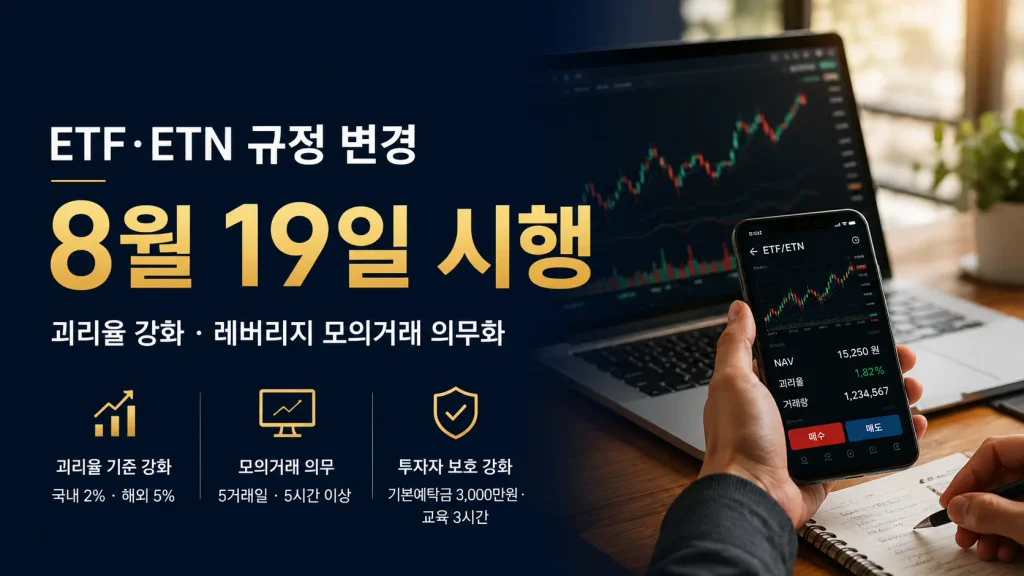 ETN과 ETF 규정 변경으로 8월 19일부터 괴리율 관리와 레버리지 모의거래가 강화된 내용
