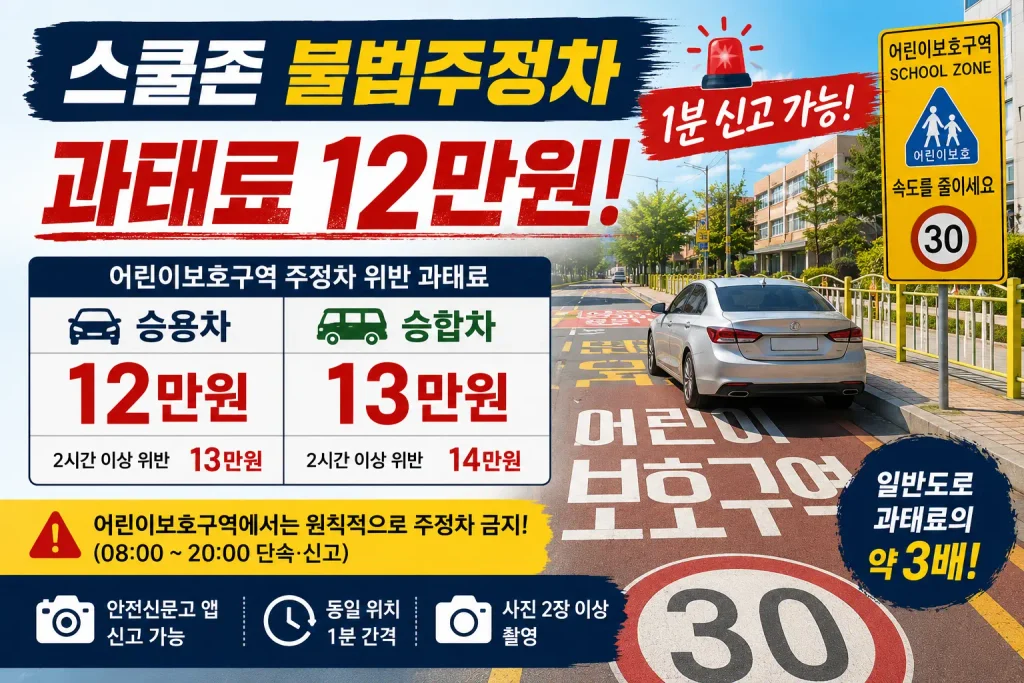 스쿨존 불법주정차 과태료 12만원 승용차와 승합차 차이 비교 사진