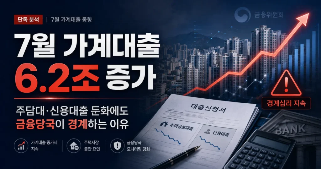 2026년 7월 가계대출 6.2조원 증가와 주택담보대출 증가세 둔화를 표현한 금융 인포그래픽