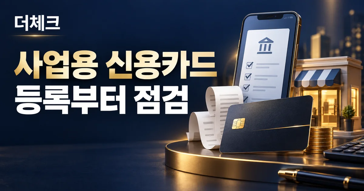 사업용 카드와 영수증, 계산기와 작은 매장으로 표현한 부가세 자료 관리