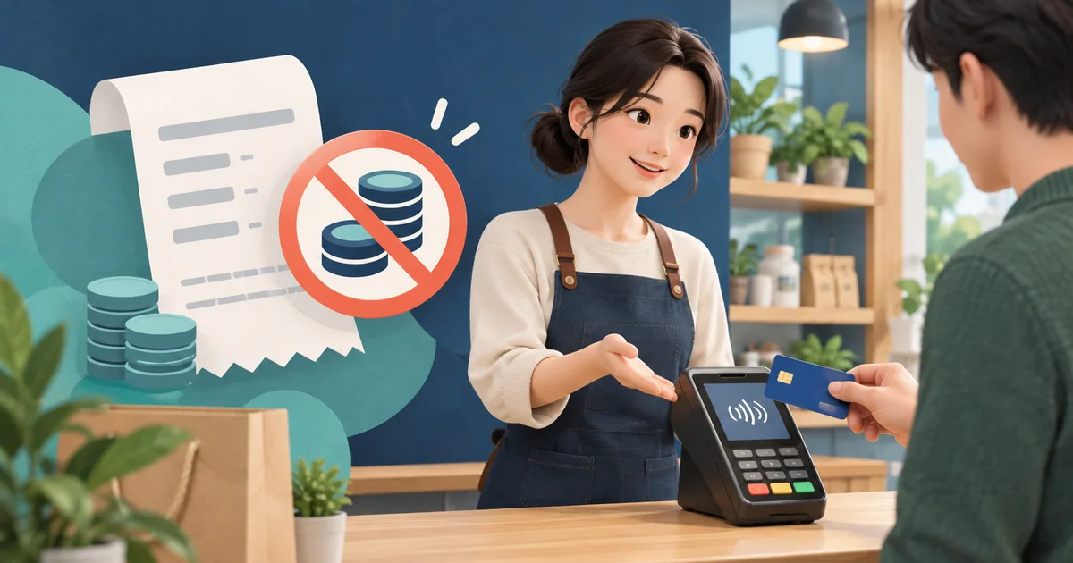 카드 단말기와 영수증, 추가 수수료 금지 표식과 친절한 매장 직원