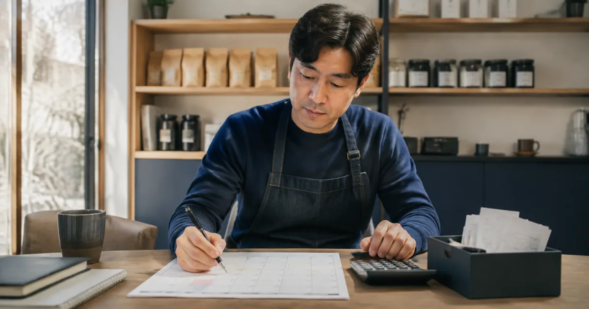 달력과 계산기로 가게의 입출금 일정을 정리하는 가상 사업자