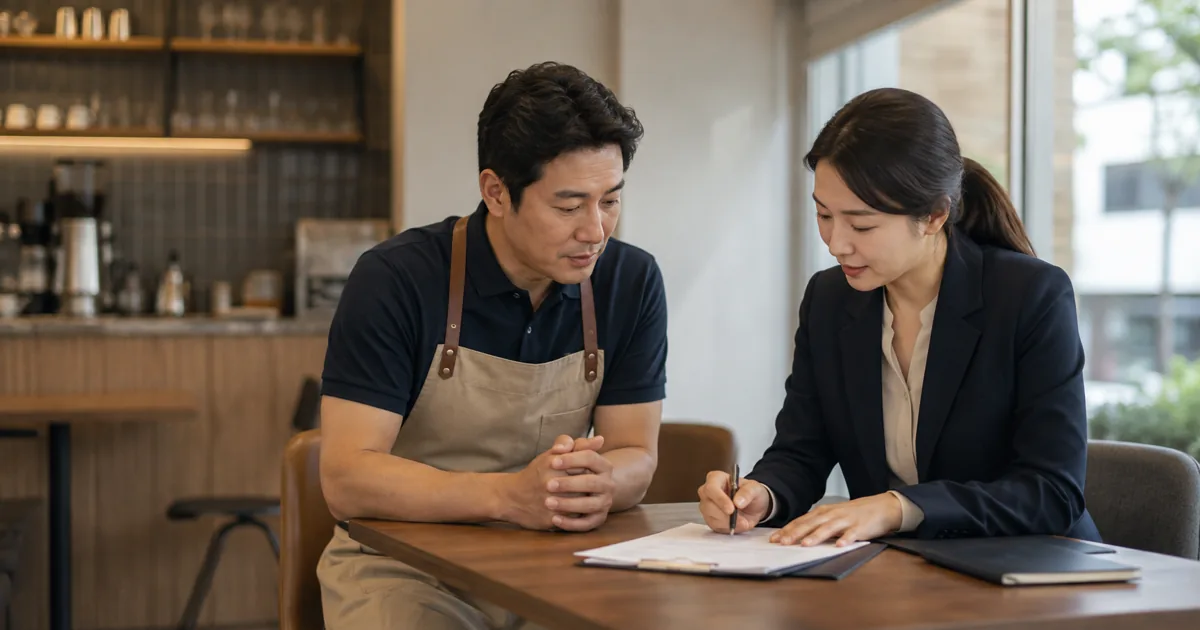 가맹점 운영자가 전문가와 계약서를 검토하는 가상 상담 장면
