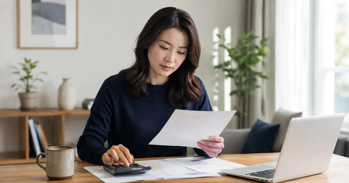 가계 소득 서류와 계산기를 확인하는 가상의 납세자