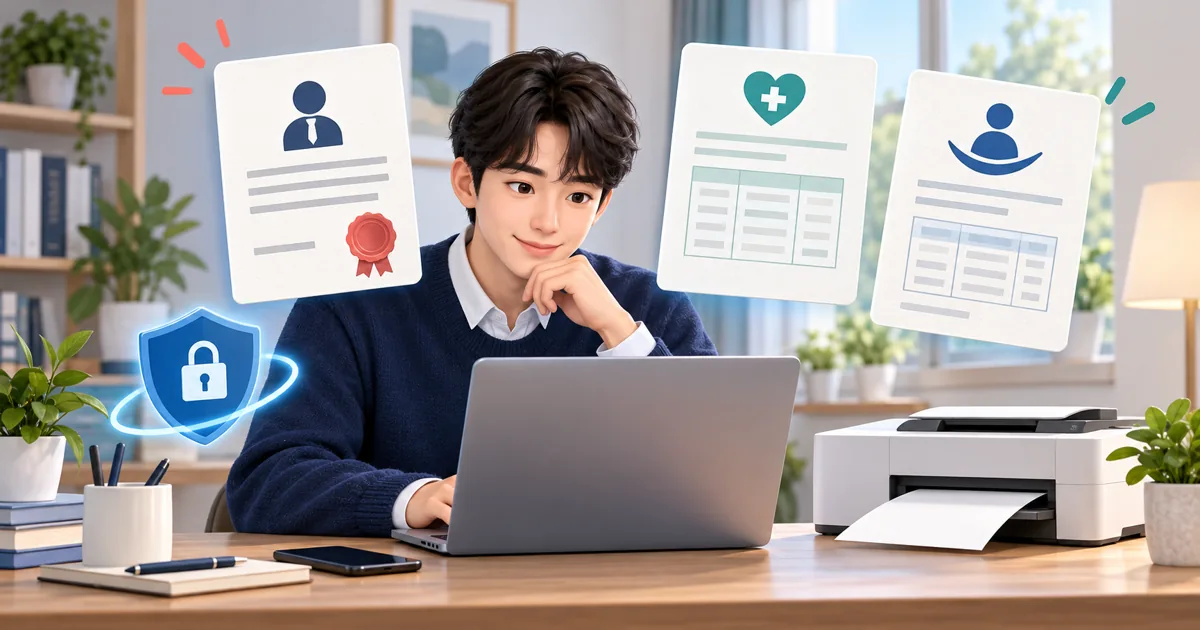 노트북으로 재직증명서와 건강보험·국민연금 대체서류를 확인하고 출력하는 근로자
