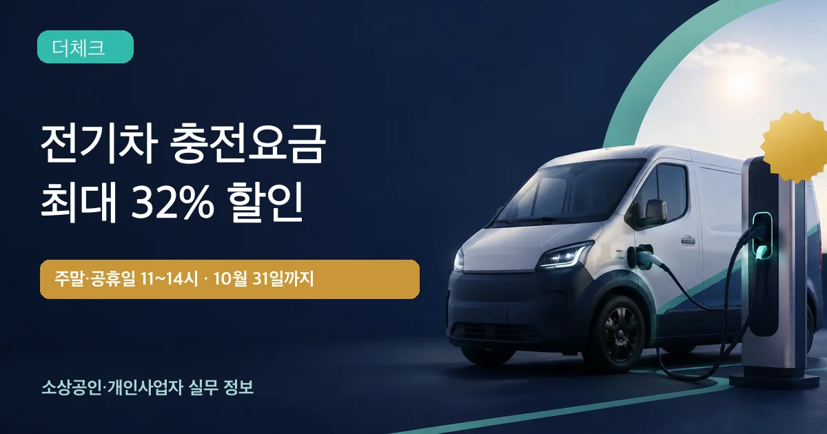 전기 배달차와 충전기로 주말 전기차 충전요금 할인을 안내하는 더체크 표지