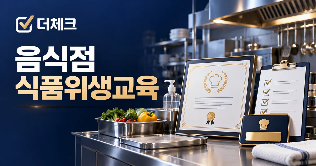 음식점 주방과 위생교육 수료증, 책임자 배지와 체크리스트를 표현한 식품위생교육 안내