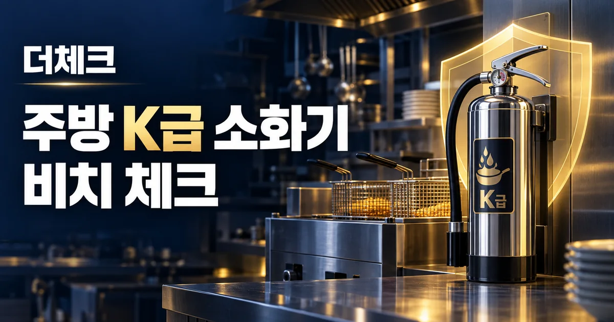 음식점 튀김기 옆 K급 소화기와 보호 방패로 표현한 주방 화재 대비