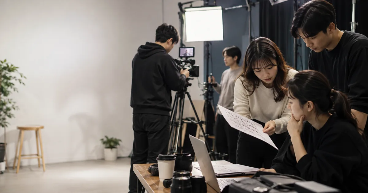 영상 스튜디오에서 크리에이터와 제작 직원이 촬영 일정과 업무 자료를 함께 확인하는 모습