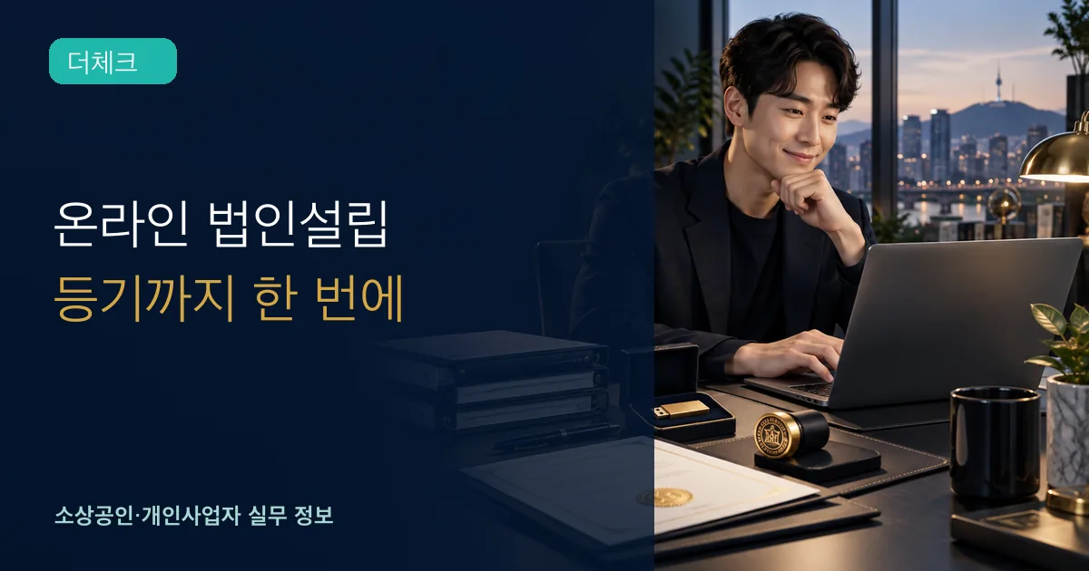 창업자가 노트북으로 법인설립 서류와 공동인증서, 법인 인감을 준비하는 장면