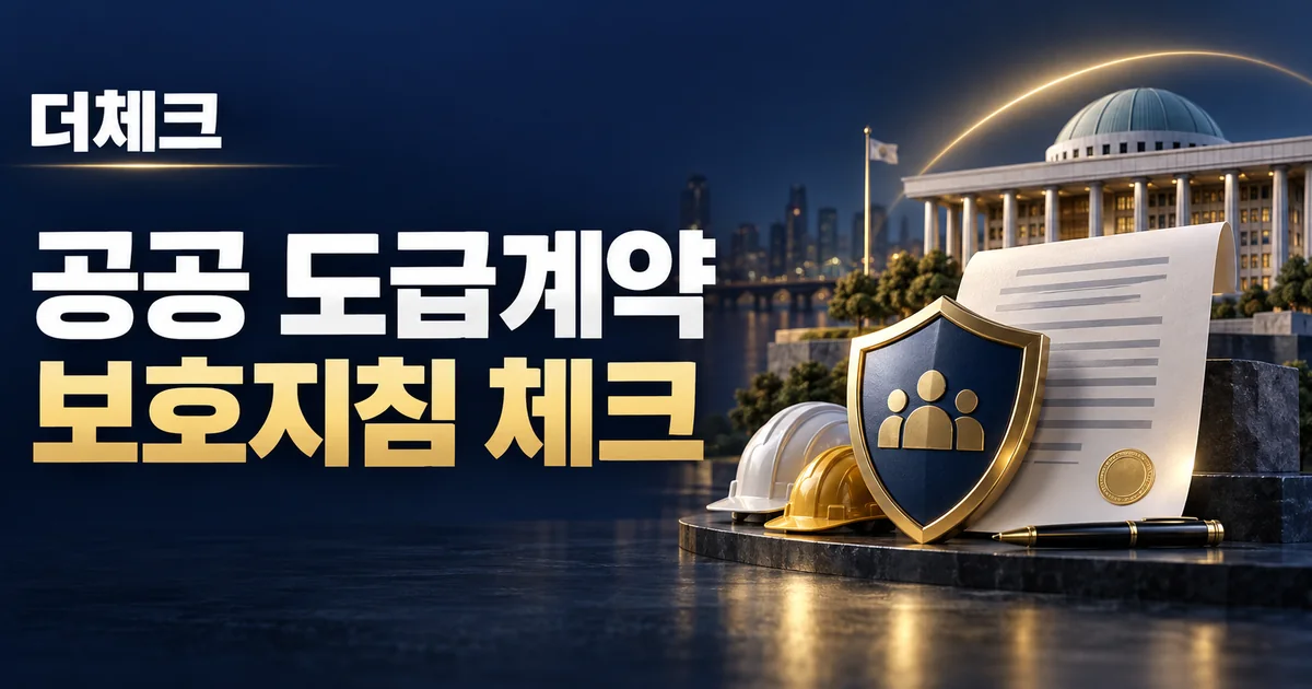 공공건물과 계약서, 안전모와 보호 방패로 표현한 공공 도급계약 점검