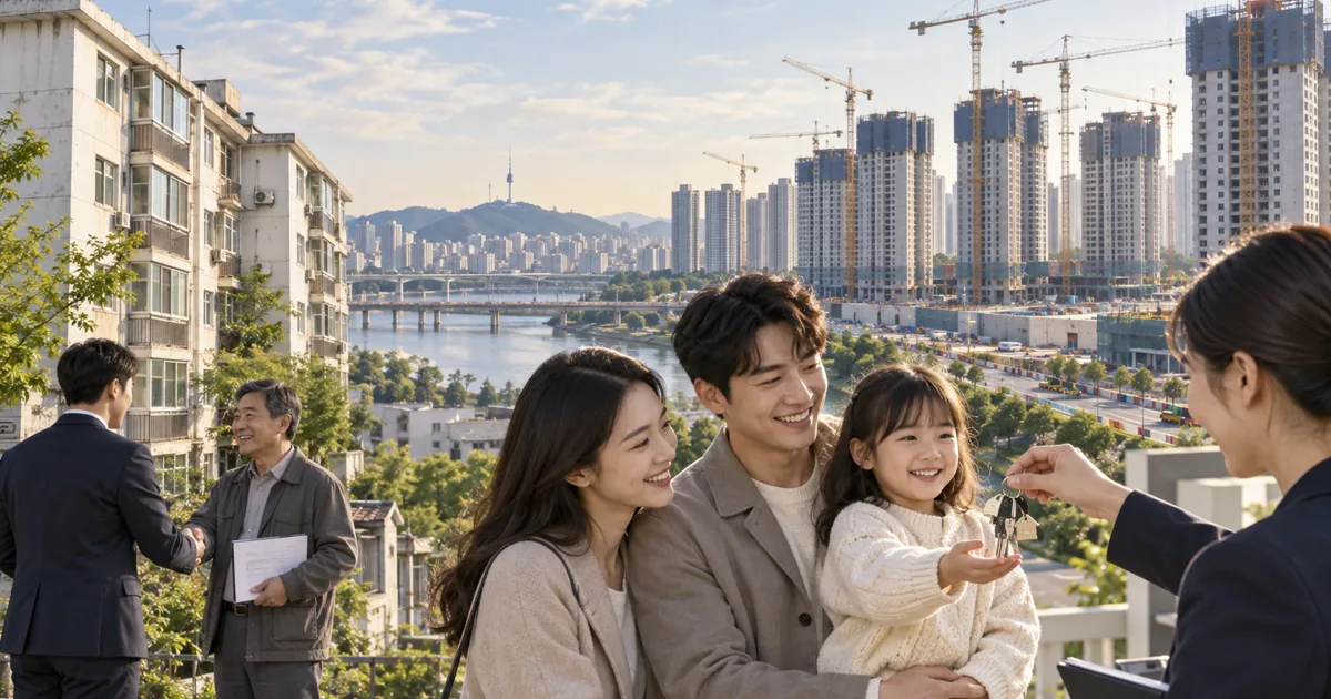 기존 임대주택과 새 아파트 건설 현장 사이에서 가족이 새 주택 열쇠를 받는 모습