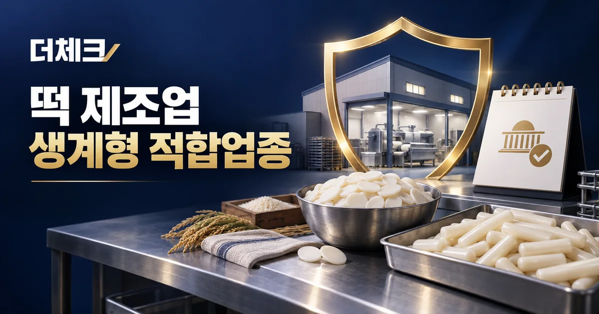 떡국떡과 떡볶이떡 생산 작업대, 작은 공장과 보호 울타리를 표현한 생계형 적합업종 안내