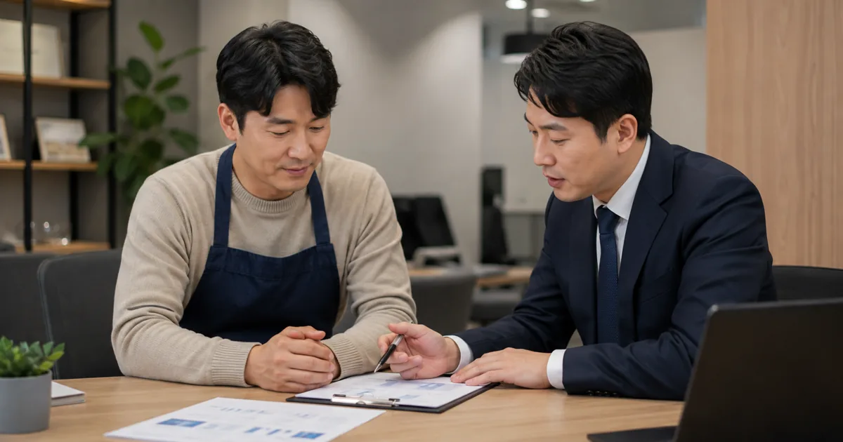 가게 운영자가 은행 상담자와 매출 자료를 살펴보는 가상 장면
