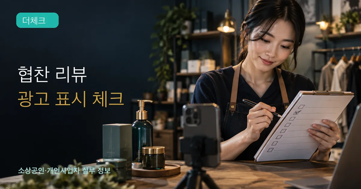 매장 운영자가 스마트폰 콘텐츠와 협찬 표시 체크리스트를 확인하는 모습