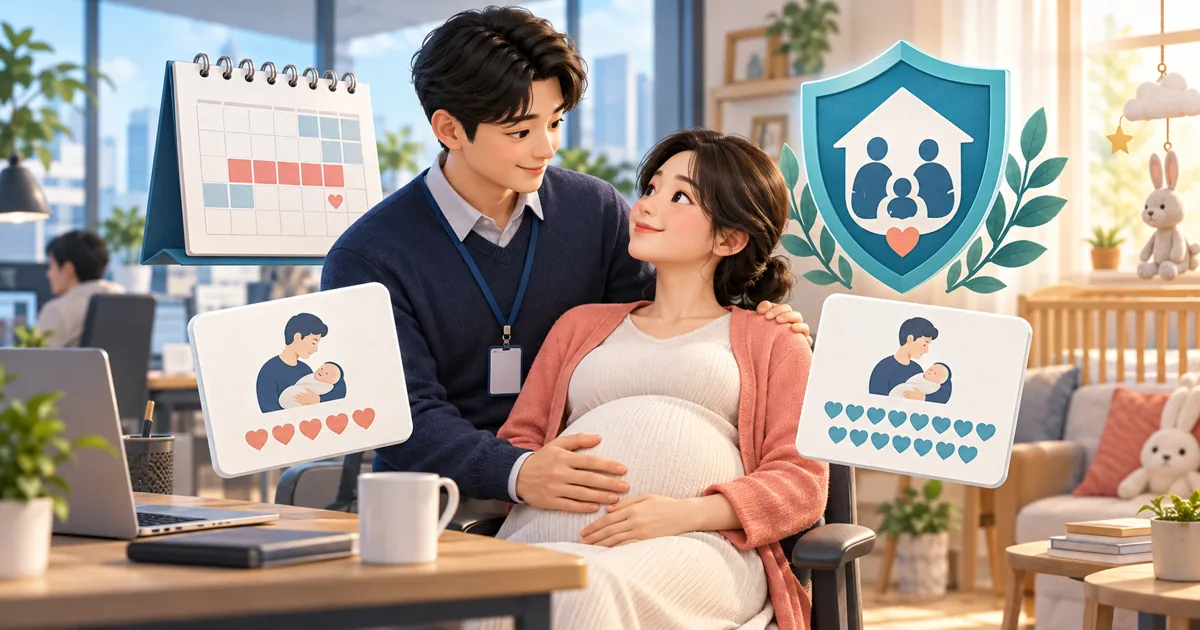 임신한 배우자를 돌보는 근로자와 휴가 달력, 가족 보호 방패를 표현한 배우자 지원 제도 안내