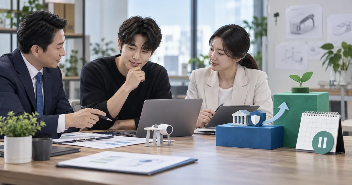 초기 스타트업 창업자가 신용보증기금과 기업은행 전문가에게 단계별 정책금융을 상담받는 모습