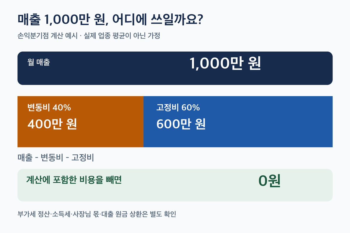 월 매출 1,000만 원에서 변동비 400만 원과 고정비 600만 원을 빼면 0원이 되는 손익분기점 계산 예시