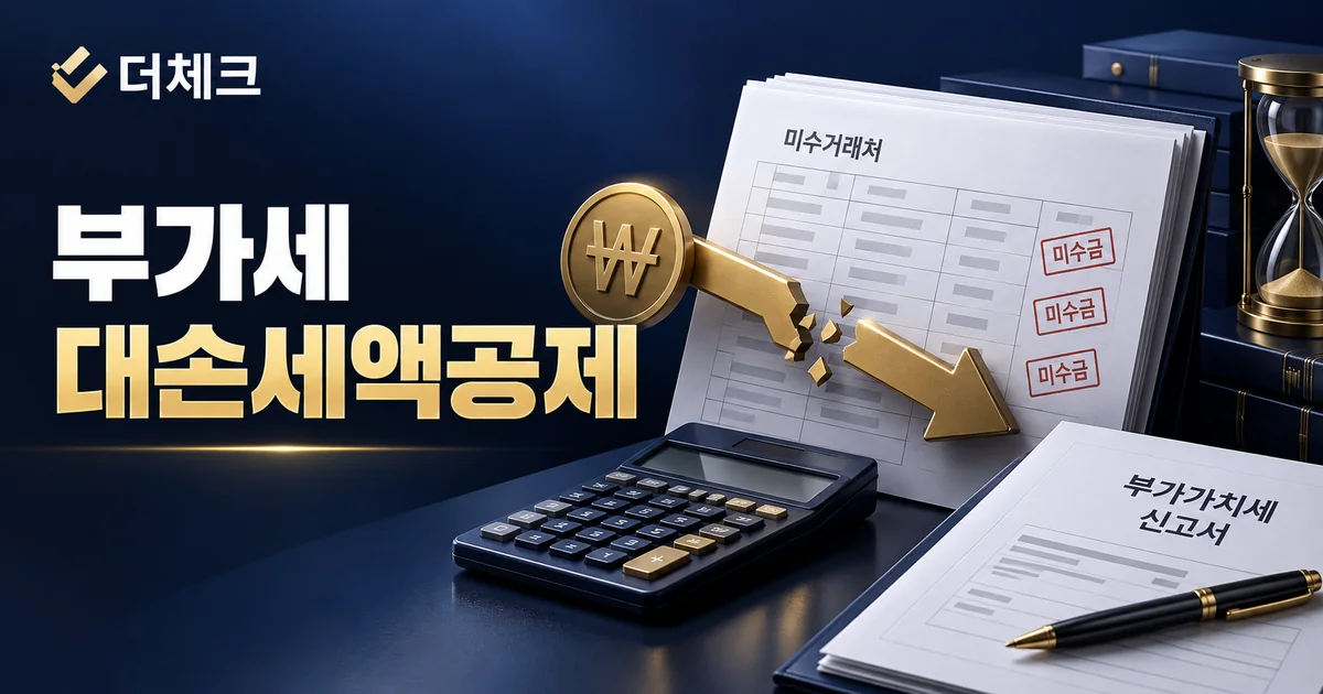 미수금 장부와 끊어진 결제 화살표, 계산기와 부가세 신고서를 표현한 대손세액공제 안내