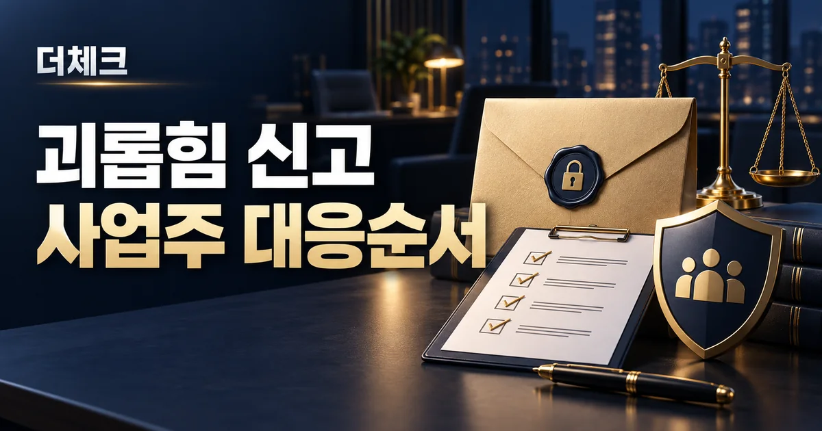 비밀 신고봉투와 체크리스트, 보호 방패와 저울로 표현한 직장 내 괴롭힘 대응
