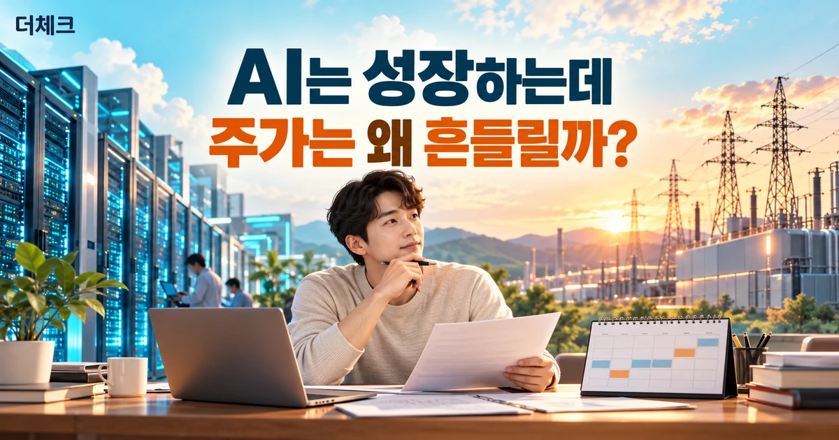 AI 반도체와 데이터센터의 성장 전망 옆에서 기업의 현금흐름과 차입 부담을 비교하는 투자자 삽화
