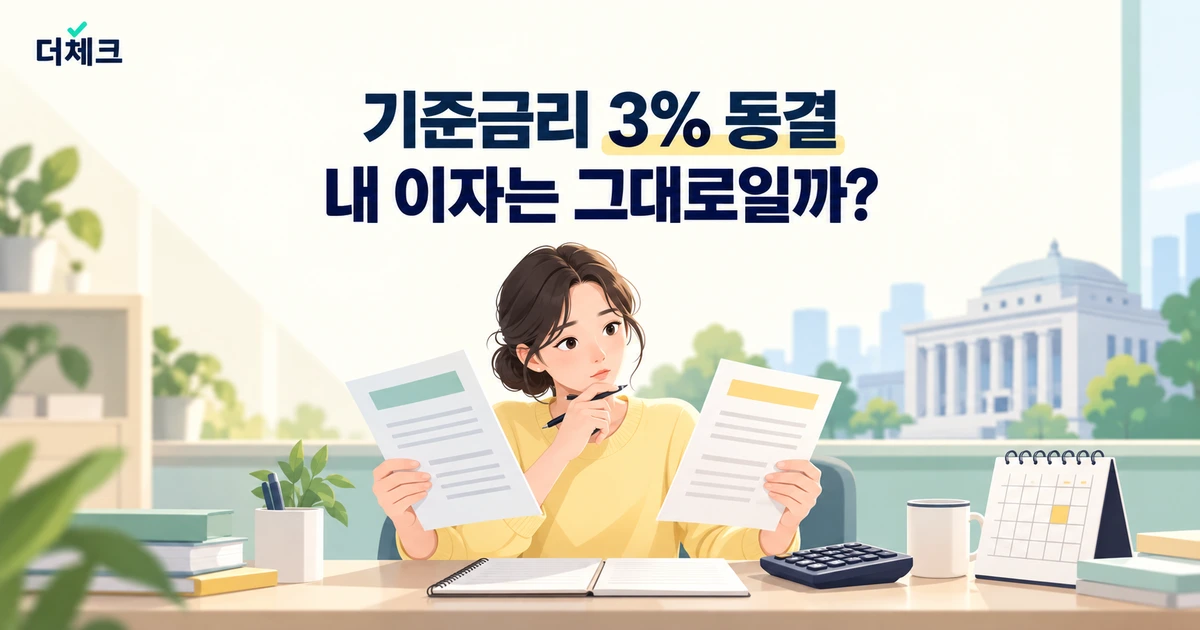한국은행 기준금리 동결 후 대출 약정과 다음 이자 납입일을 살펴보는 설명 그림