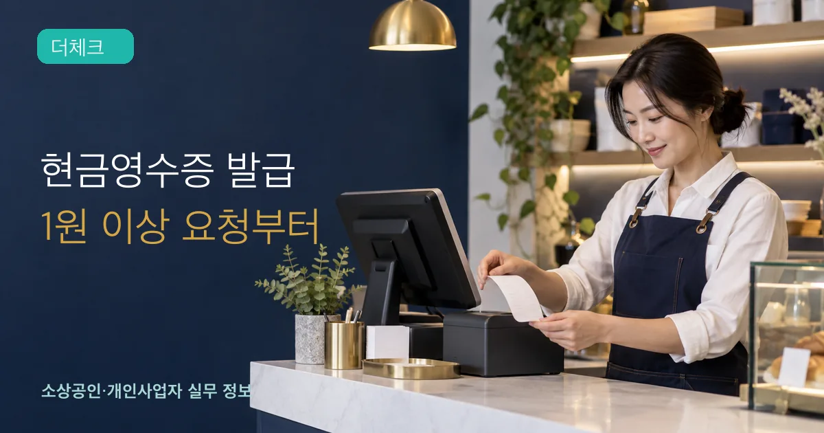 매장 운영자가 포스 단말기에서 현금영수증을 발급하고 출력물을 확인하는 장면