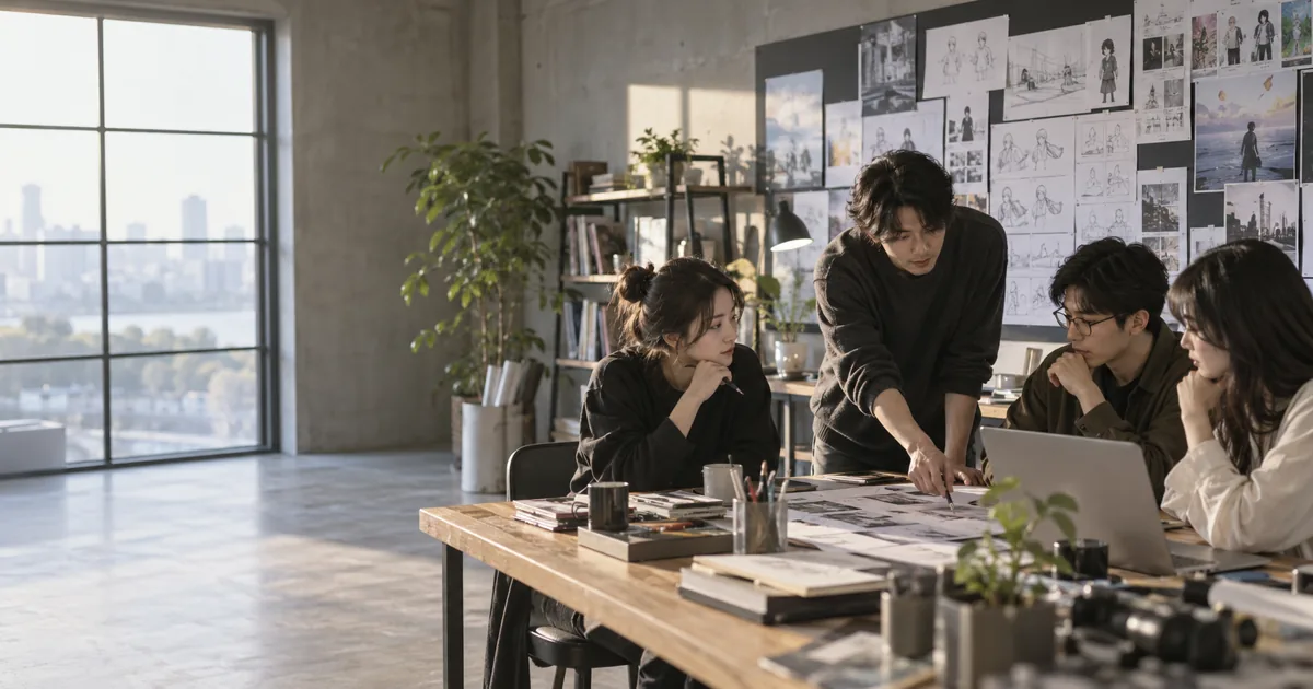 콘텐츠기업 직원들이 독립된 창작 연구공간에서 스토리보드와 개발 자료를 검토하는 장면
