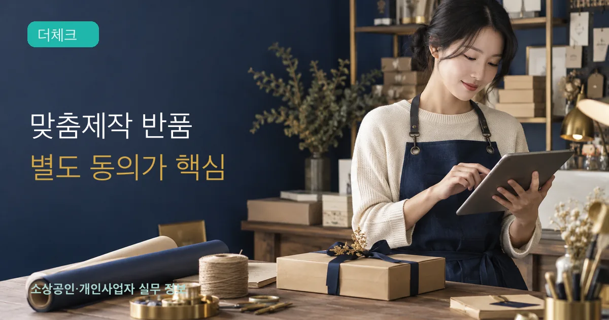 온라인몰 운영자가 맞춤제작 주문과 고객 동의 기록을 태블릿에서 확인하는 장면