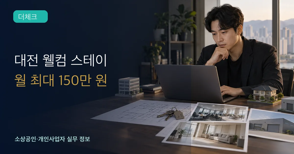 대전 이전을 준비하는 창업자가 노트북과 열쇠, 사무실·주거·공장 도면을 비교하는 장면