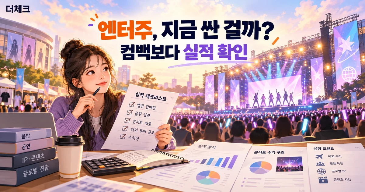 콘서트와 음반 사업의 실적 체크리스트를 보며 엔터테인먼트 기업 투자를 살피는 독자 삽화