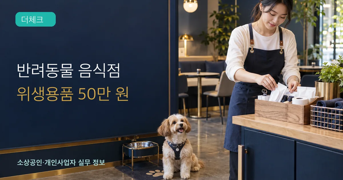반려동물 동반 카페 운영자가 위생용품과 급수용품을 정리하는 장면