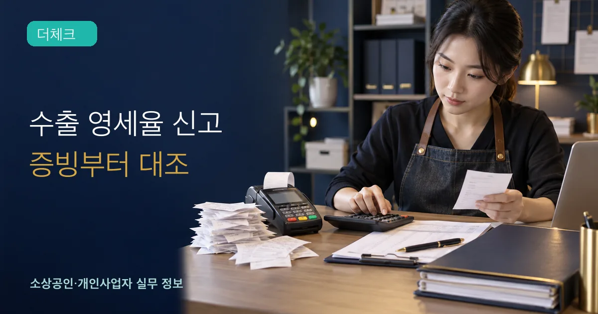 개인사업자가 카드단말기 옆에서 수출 매출자료와 부가세 신고 증빙을 계산하는 장면