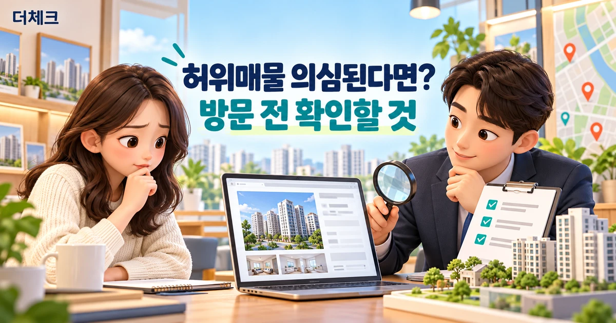 광고 화면과 실제 매물 조건을 비교하며 방문 전 확인사항을 점검하는 임차인과 중개인 삽화