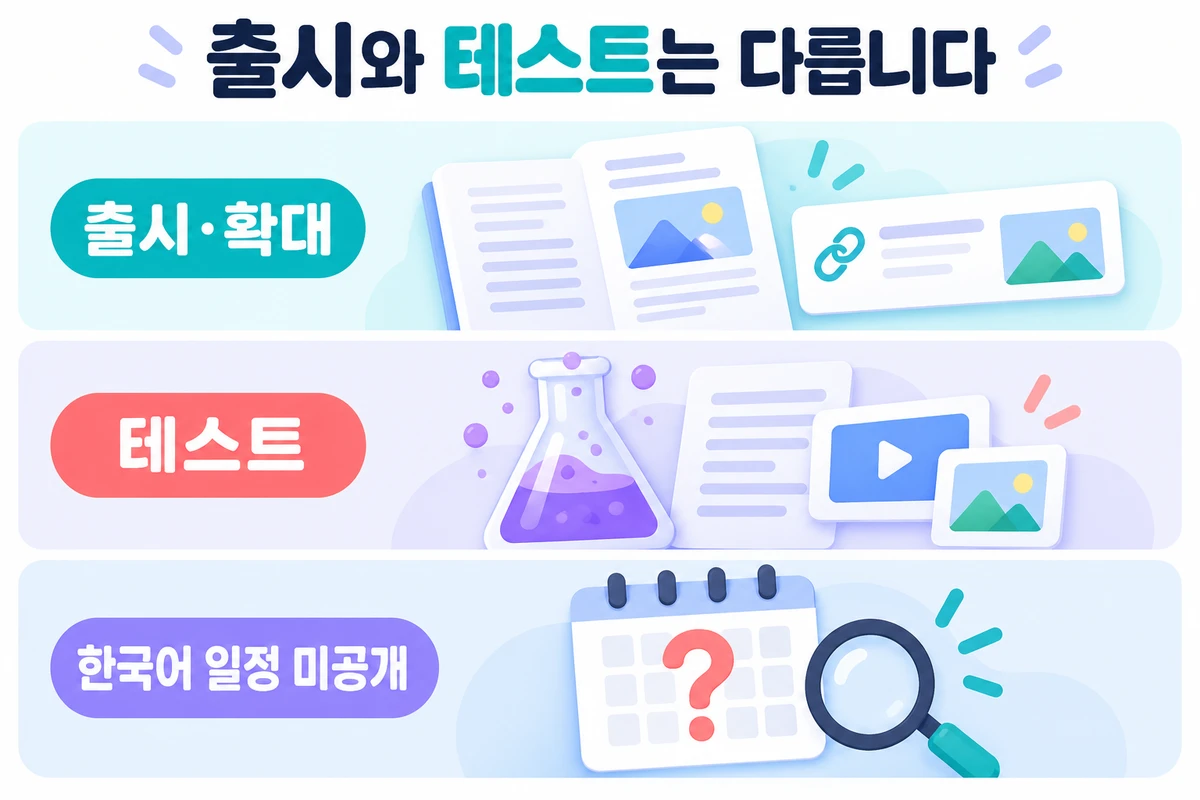 구글 AI 검색의 출시·확대와 테스트, 한국어 일정 미공개를 구분한 상태 안내도