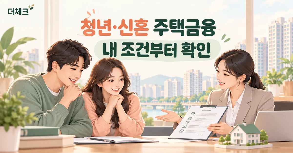 청년과 신혼부부가 상담사와 주택금융 신청 조건과 서류를 확인하는 삽화