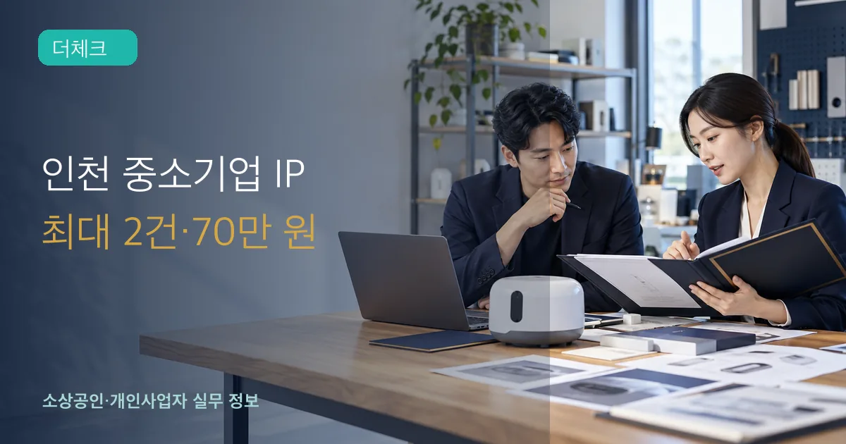 인천 중소기업 담당자와 지식재산 전문가가 특허증과 제품자료, 홍보계획을 검토하는 장면
