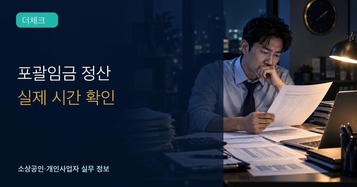 사업주가 출퇴근기록과 급여자료를 비교해 초과근로수당을 계산하는 장면