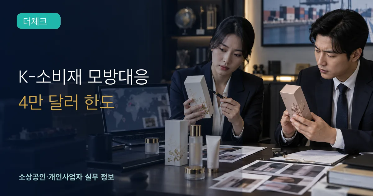 수출기업 직원들이 자사 제품과 해외 모방 포장을 비교하며 증거를 정리하는 장면