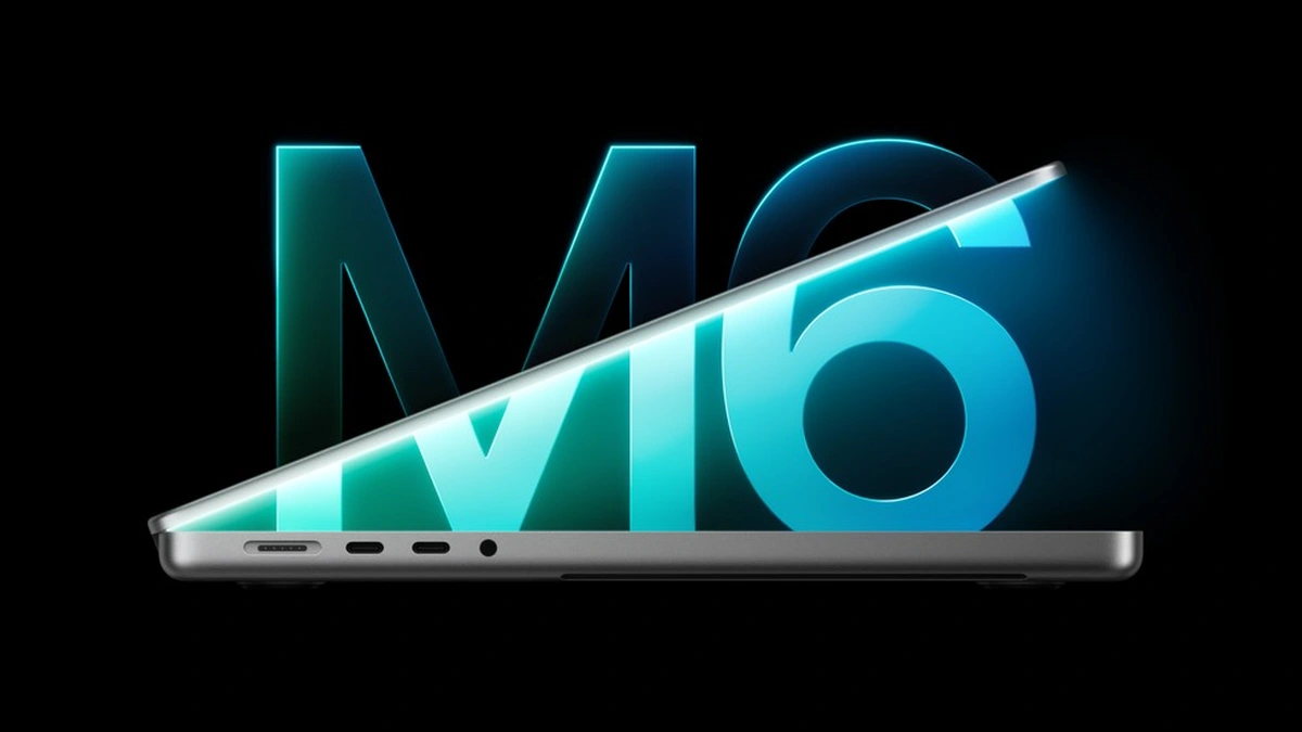 반쯤 열린 M6 탑재 14인치 MacBook Pro의 옆면과 M6 배경