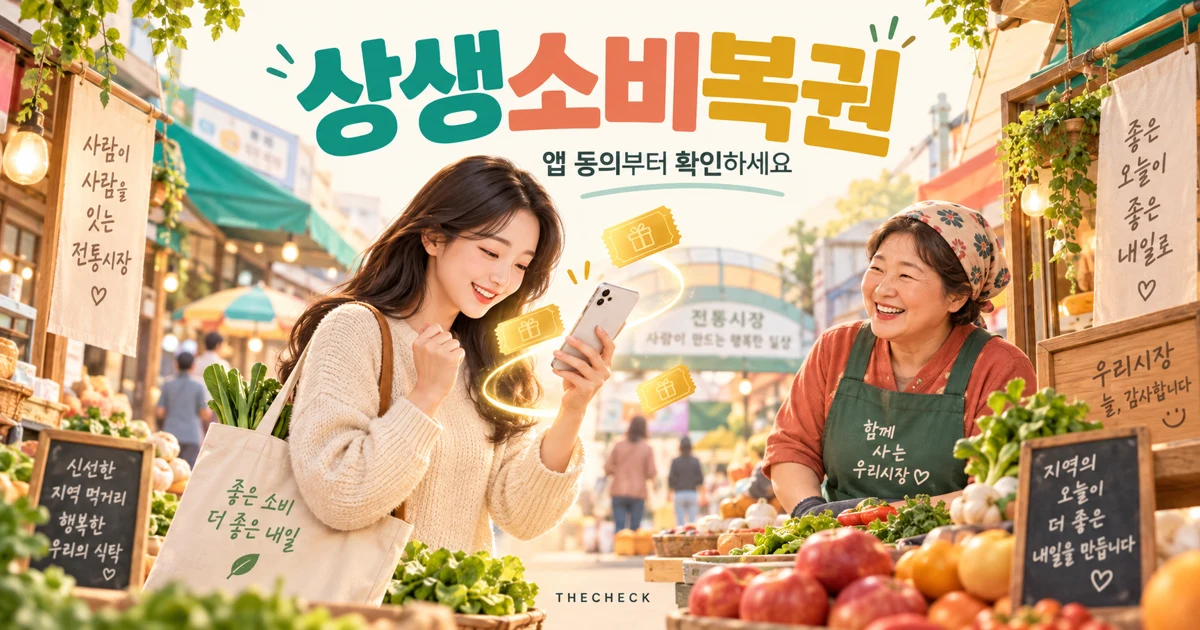 상생소비복권 앱 참여 동의를 확인하며 전통시장에서 장을 보는 소비자