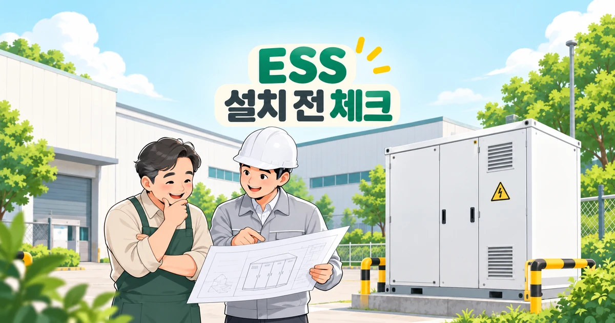옥외 ESS 외함과 도면을 확인하는 사업자와 설비 담당자