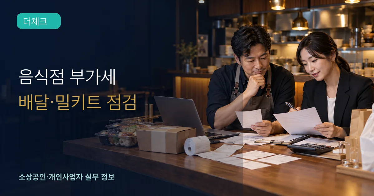 음식점 사업주와 세무 담당자가 배달 주문, 밀키트 판매, 영수증 자료를 차분히 대조하는 장면