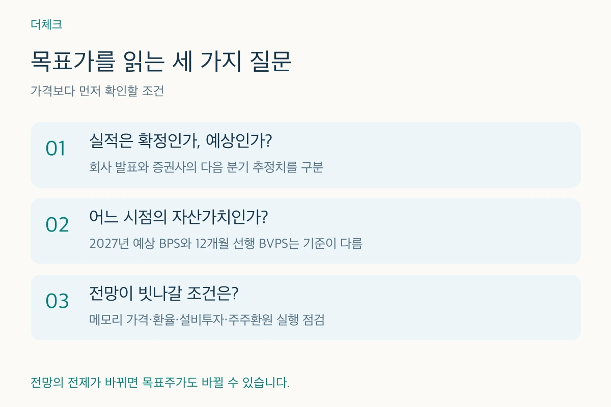 목표주가를 읽기 전 실적과 예상, 자산가치 기준, 전망을 바꿀 조건을 확인하는 세 가지 질문